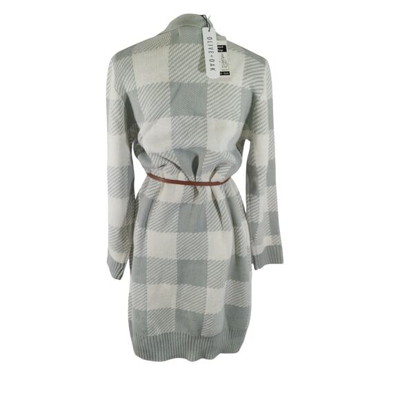 NWT! OLIVE & OAK! ASH GRAY & CREAM PLAID BUTTON FRONT BELTED SWEATER DRESS! SZ L - Picture 6 of 13